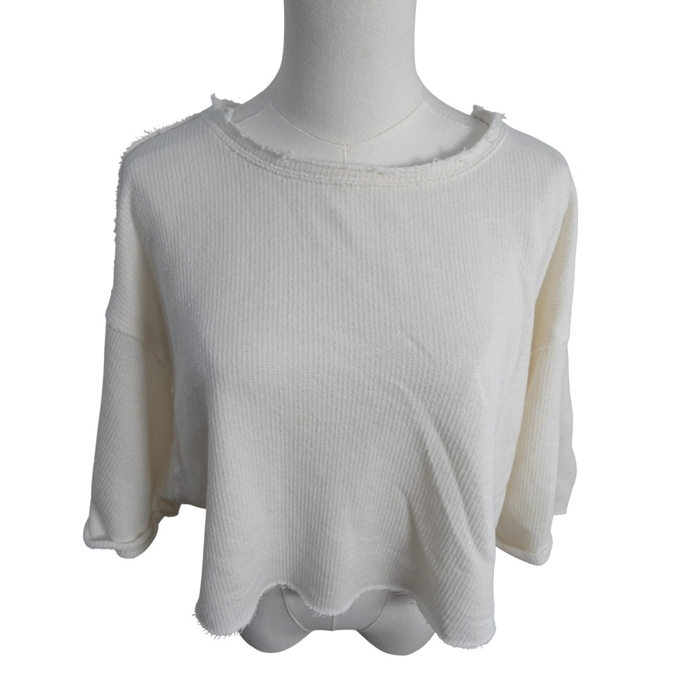 We The Free Free People Cropped Ribbed Thermal Top S Cream Boxy Distressed